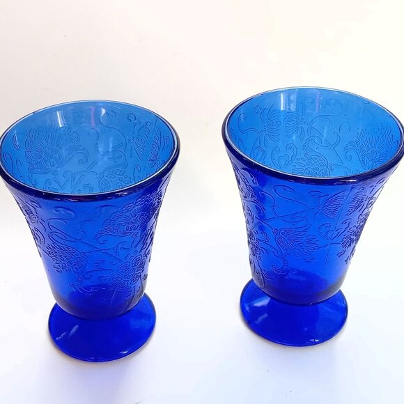 VTG Depression Glass Cobalt Blue 2 Foot ed Glasses Hazel Atlas Florentine Poppy - Picture 5 of 9